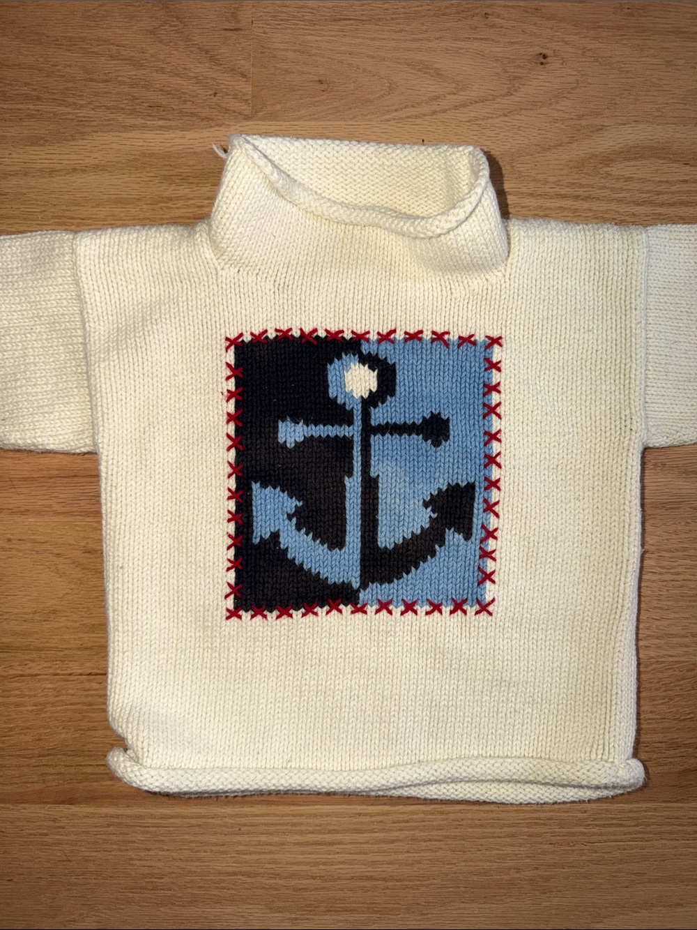 Unisex Kids Cream Roll Neck Sweater with Anchor Motif